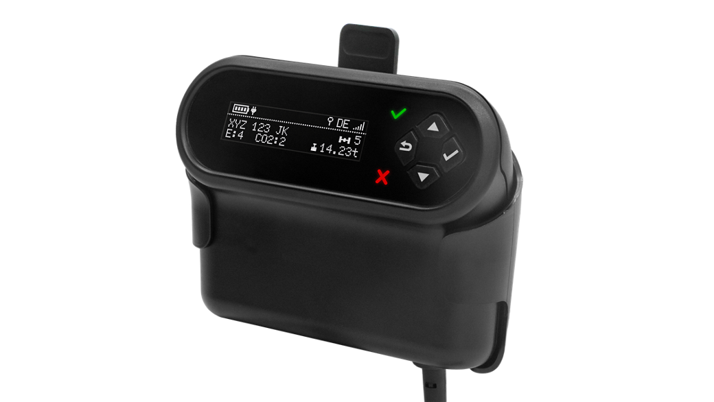 Product image of the OBU 5+ showing details about the vehicle and the accrued tolling fees.